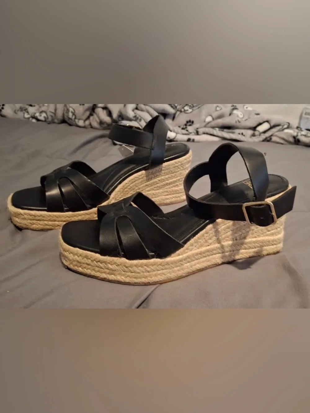 Women's Black Espadrille Wedge Sandals with Ankle Strap